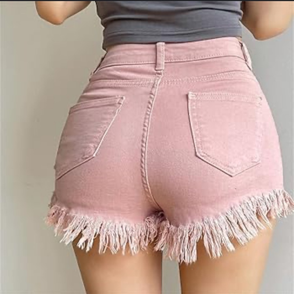 American Bazi High Waist Pink Fringe Shorts